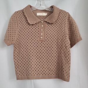LC Lizette Collection Sz M Tan Neutral Open Knit Scalloped Collared Polo Top